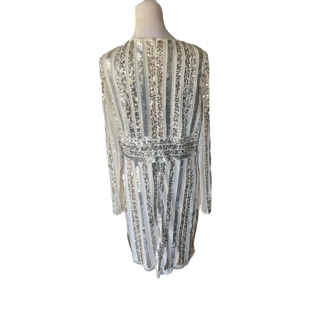 Adrianna Papell Ivory, Silver and Gold Stripe Sequin and Bead Sheath Dress 14